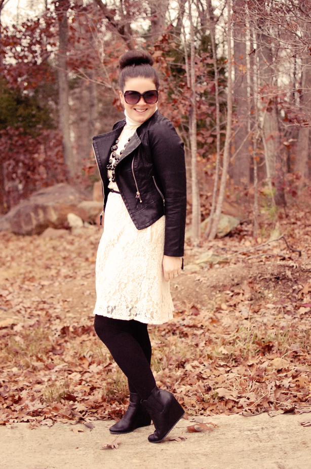 Lace Dress in the Fall - Lace dress, black bubble necklace, leather Oasap Jacket, black tights, and black wedges