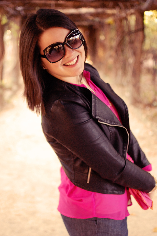 still being molly: Oasap Collarless Leather Jacket, JCrew Shorts, sheer OVI fuschia blouse, glitter flats, and pink clutch